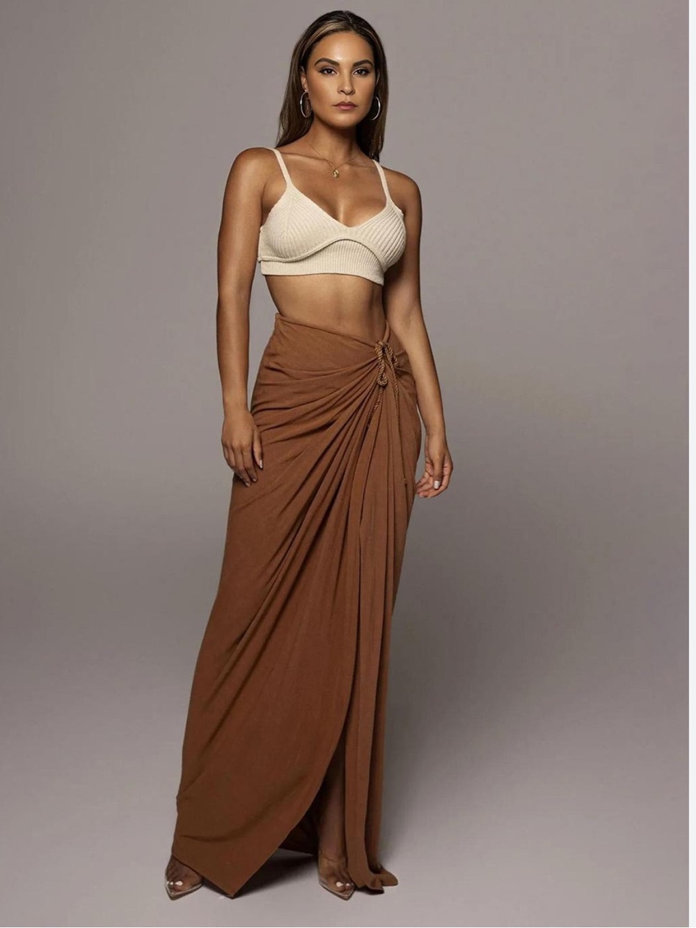JLUXLABEL Pecan Brown Draped Maxi Skirt